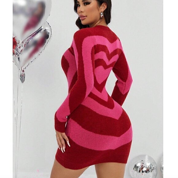 SHEIN Allurite Heart Pattern Round Neck Sweater Dress Pink Red Fitted Bodycon - Picture 3 of 14
